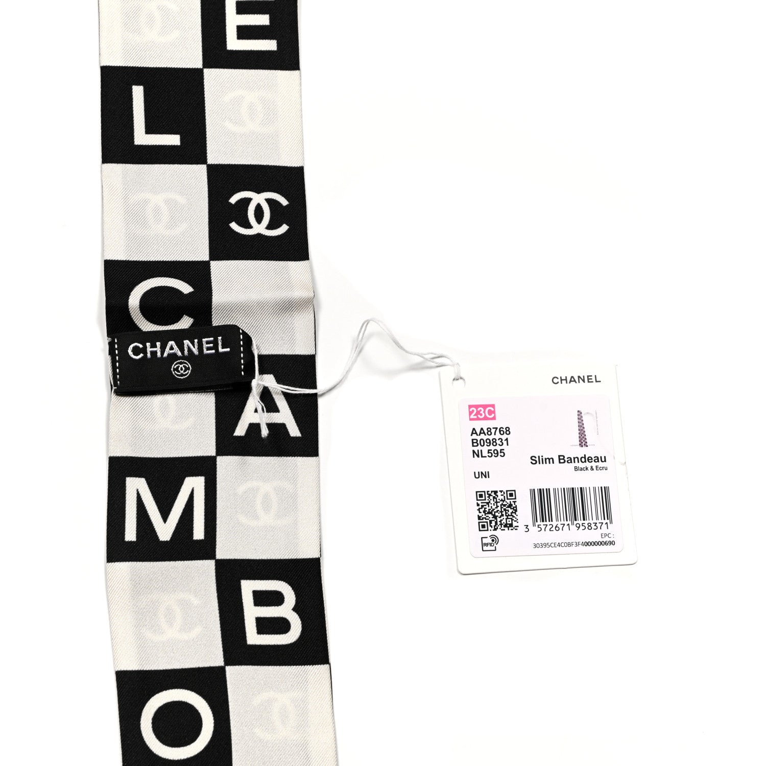 Chanel Silk Logo Cambon Slim Bandeau Scarf Black Ecru 3 of 3