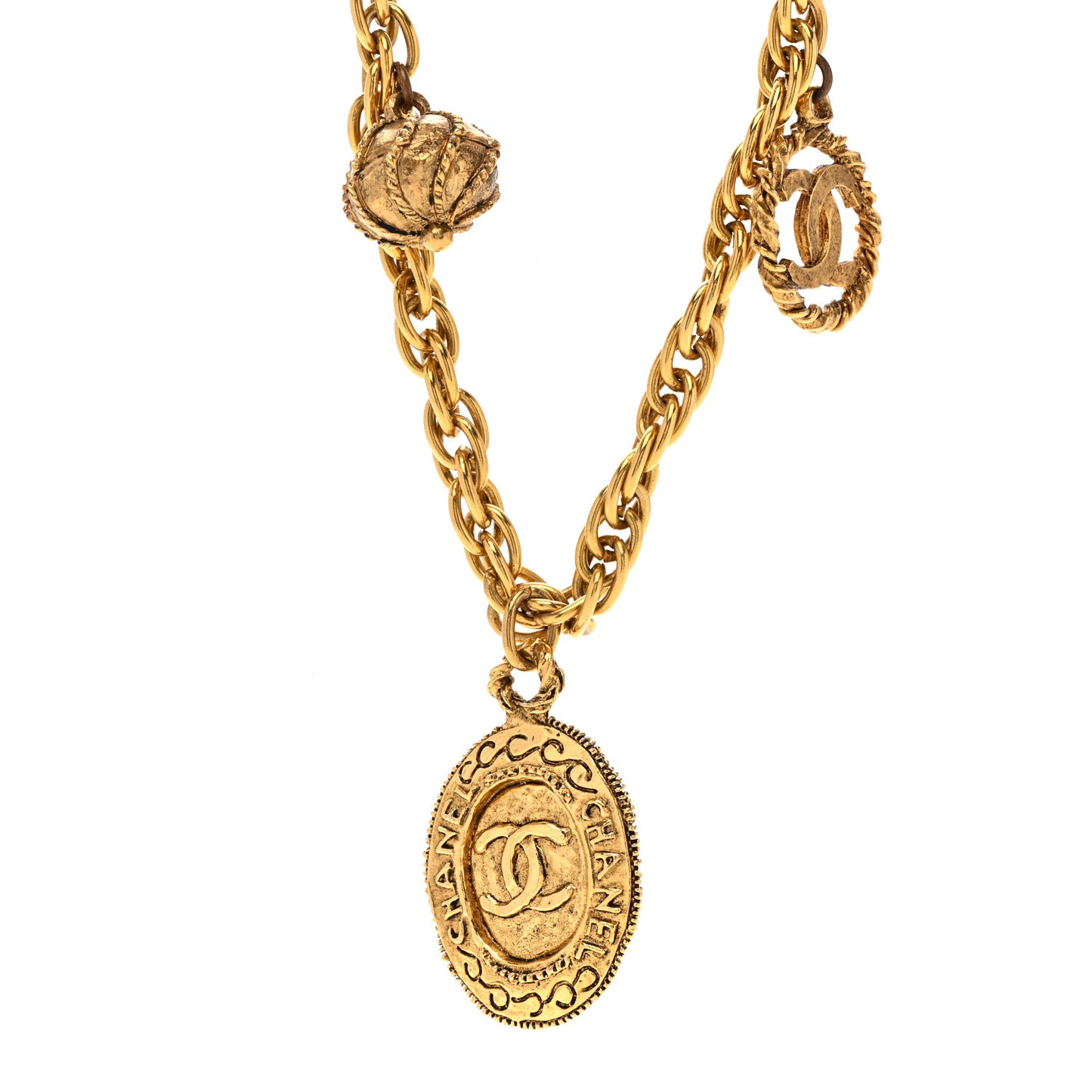 Metal CC Medallion Charm Long Necklace Gold