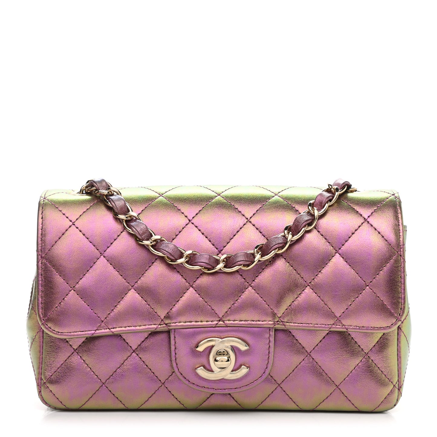 Iridescent Lambskin Quilted Mini Rectangular Flap Purple