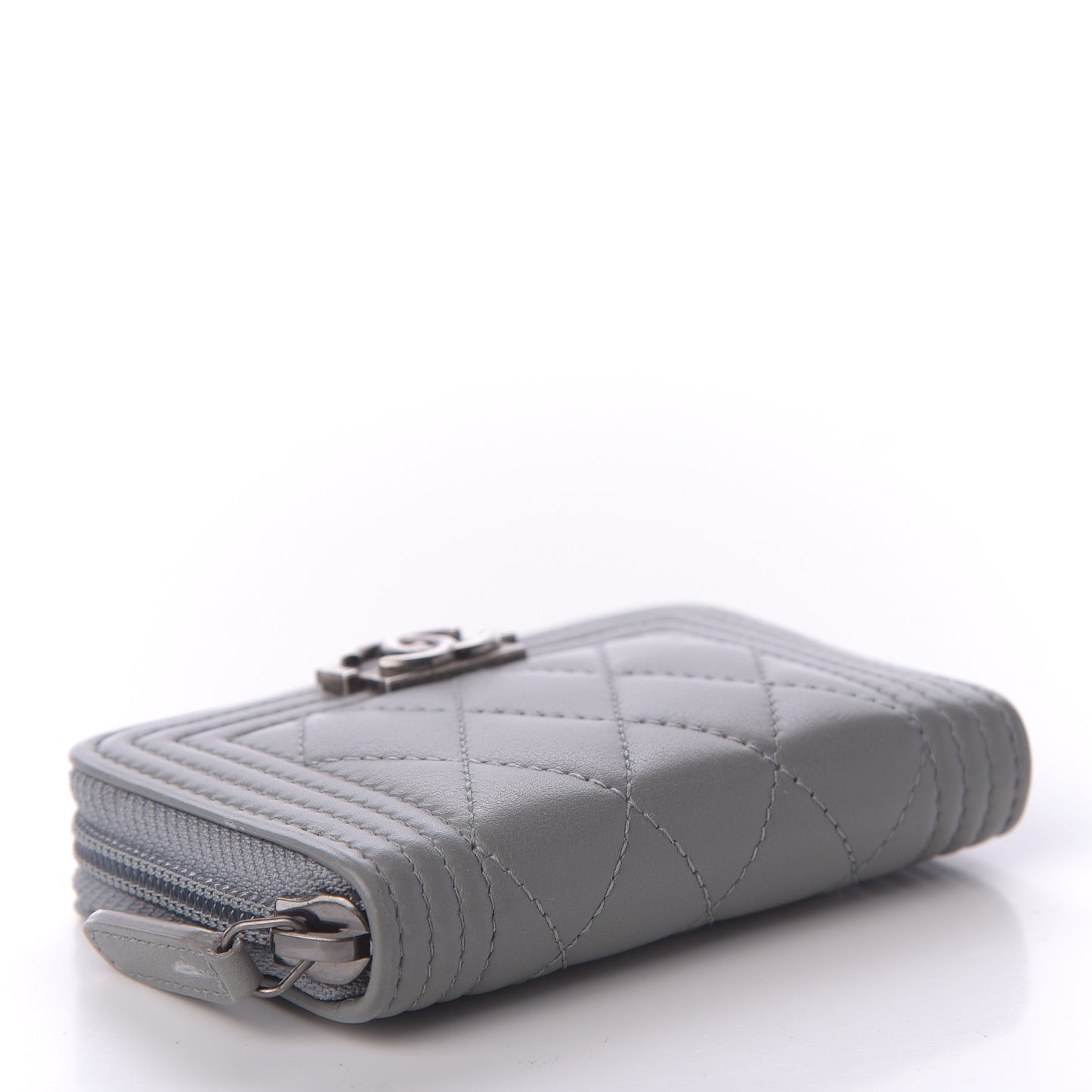 Lambskin Quilted Boy Zip Around Coin Purse Wallet Grey