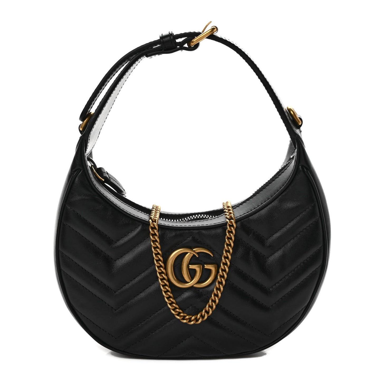 Calfskin Matelasse Chevron Mini GG Marmont Half Moon Hobo Black