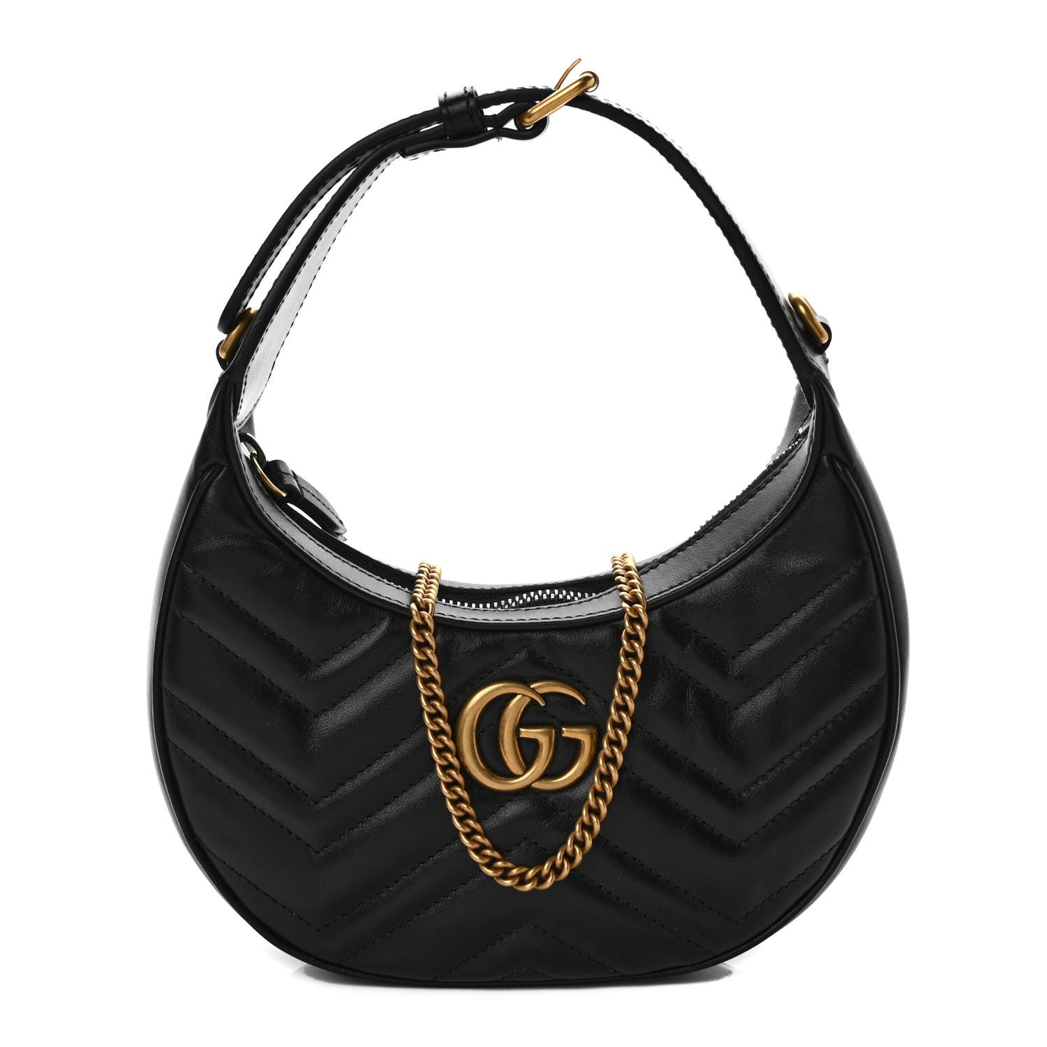 Gucci Calfskin Matelasse Chevron Mini GG Marmont Half Moon Hobo Black 1 of 8