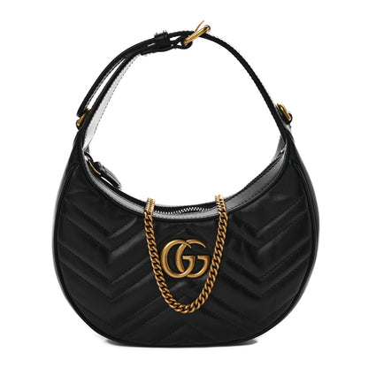 Gucci Calfskin Matelasse Chevron Mini GG Marmont Half Moon Hobo Black 1 of 8