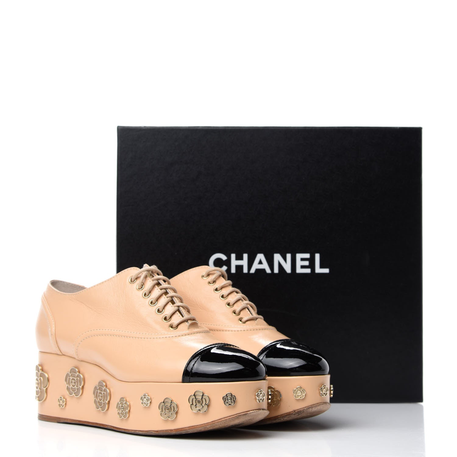 Chanel Crumpled Calfskin Lace Up Platform Oxford 38.5 Beige Black 10 of 10