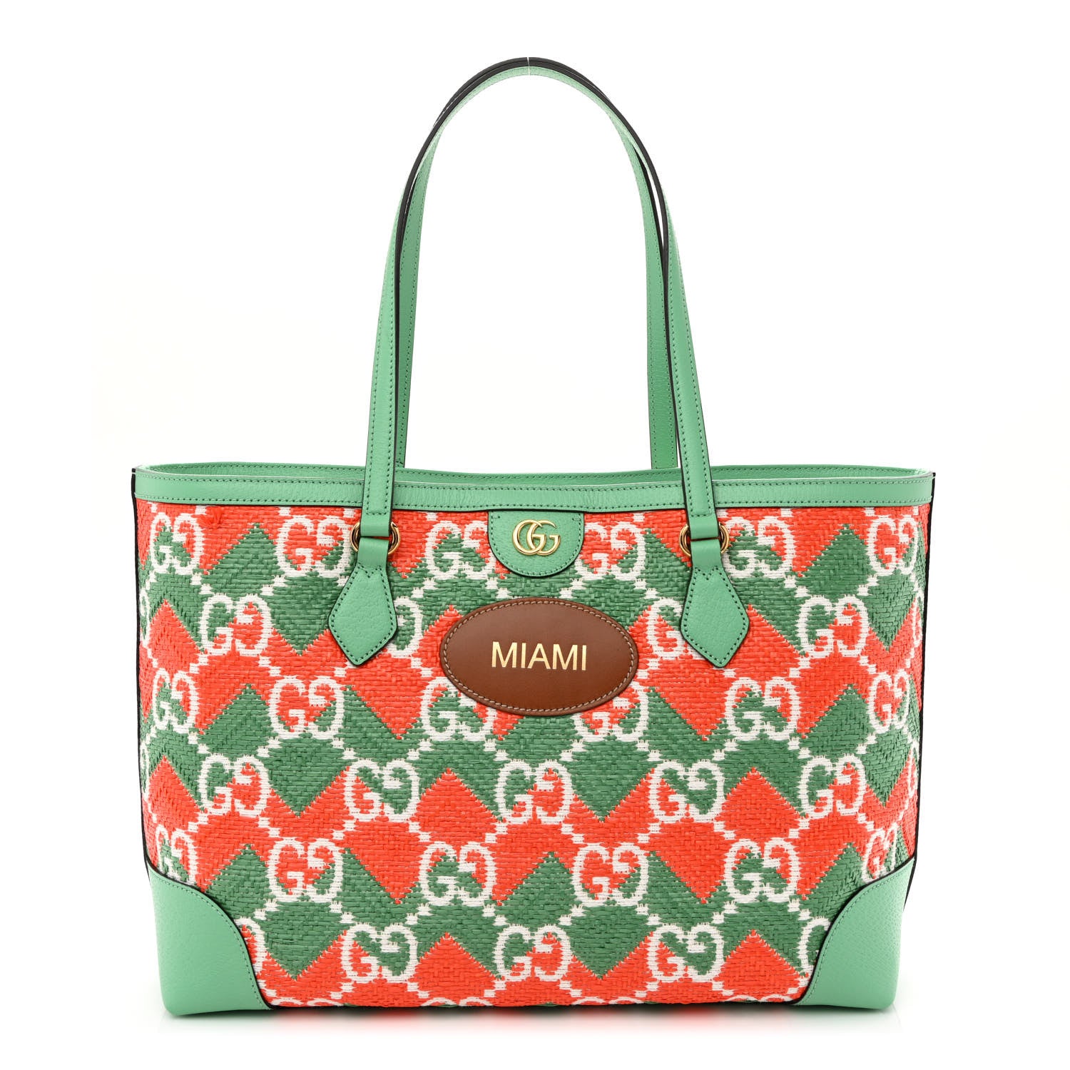 Gucci Straw Textured Dollar Calfskin Miami Medium Ophidia Shopping Tote Deep Orange New Shamarock Off White Peanut Brown 1 of 10