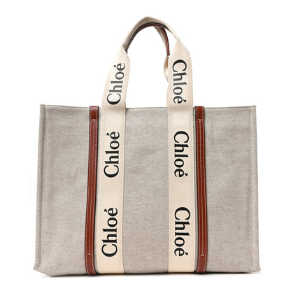 Chloe Cotton Calfskin Large Woody Ribbon Tote White Brown 1 of 9