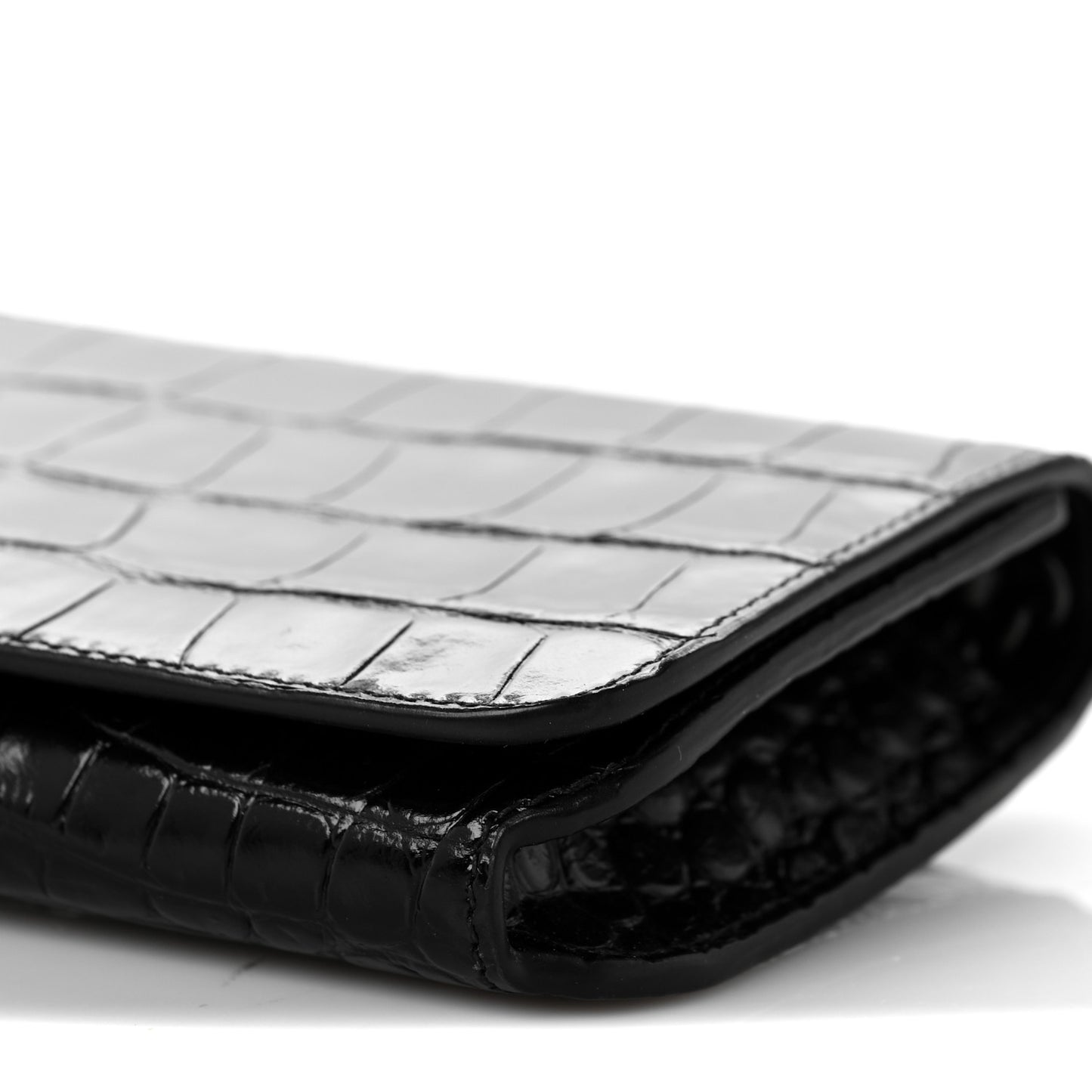 Shiny Calfskin Crocodile Embossed BB Phone Holder Wallet On Chain Black