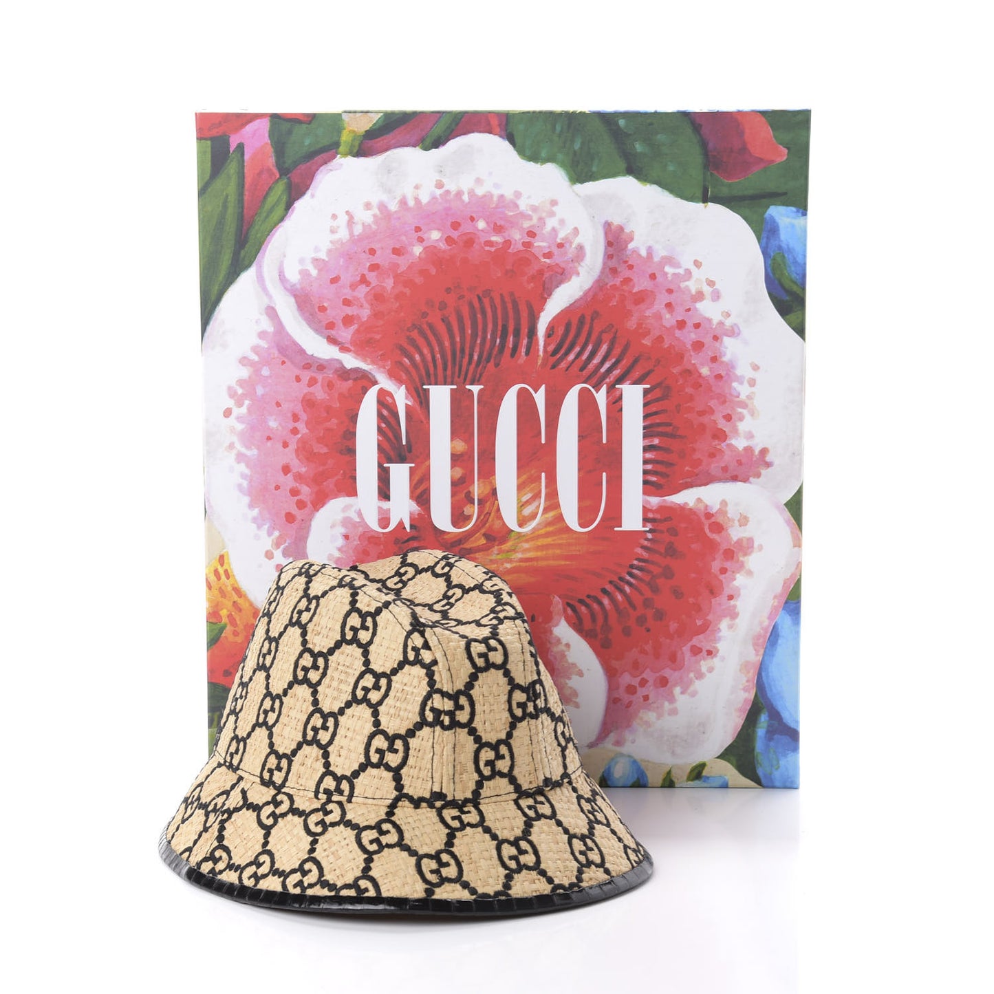 Raffia Elaphe GG Monogram Embroidered Fedora Hat M Ivory Black
