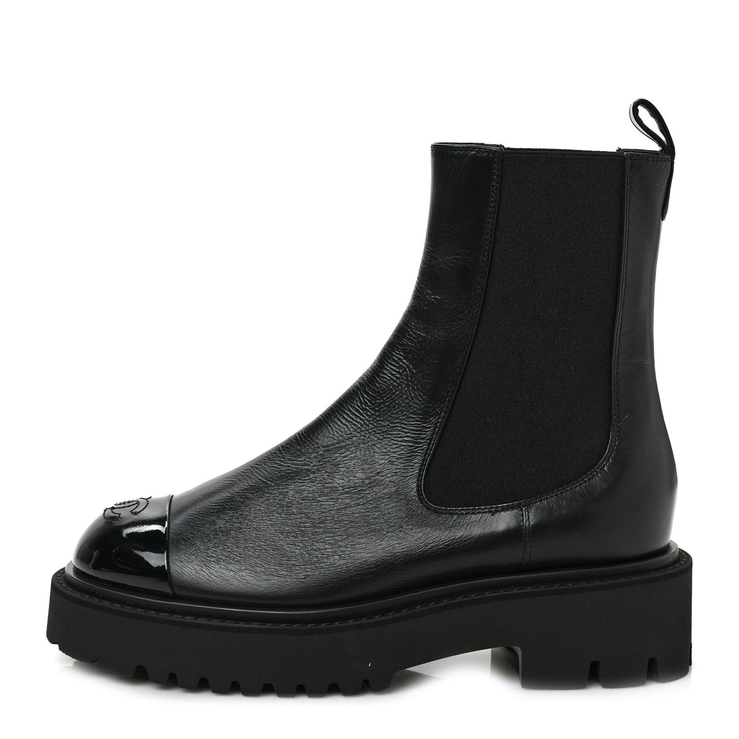 Crumpled Calfskin Patent Cap Toe Short Boots 38 Black