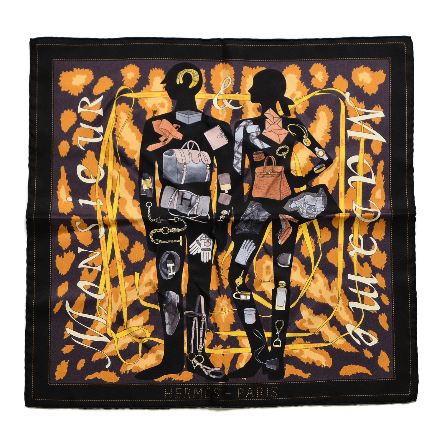 Hermes Silk Gavroche Monsieur et Madame Pocket Square Scarf Ebene Prune Or 1 of 5
