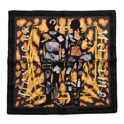 Hermes Silk Gavroche Monsieur et Madame Pocket Square Scarf Ebene Prune Or 1 of 5