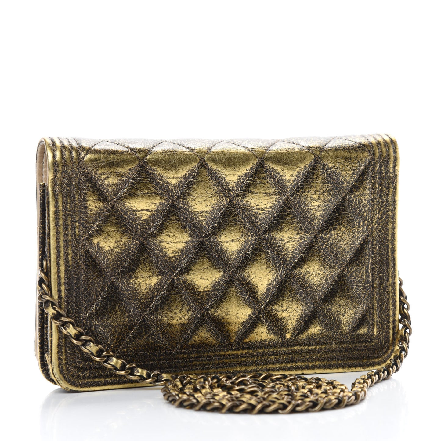 Cracked Metallic Calfskin Quilted Boy Wallet On Chain WOC Gold