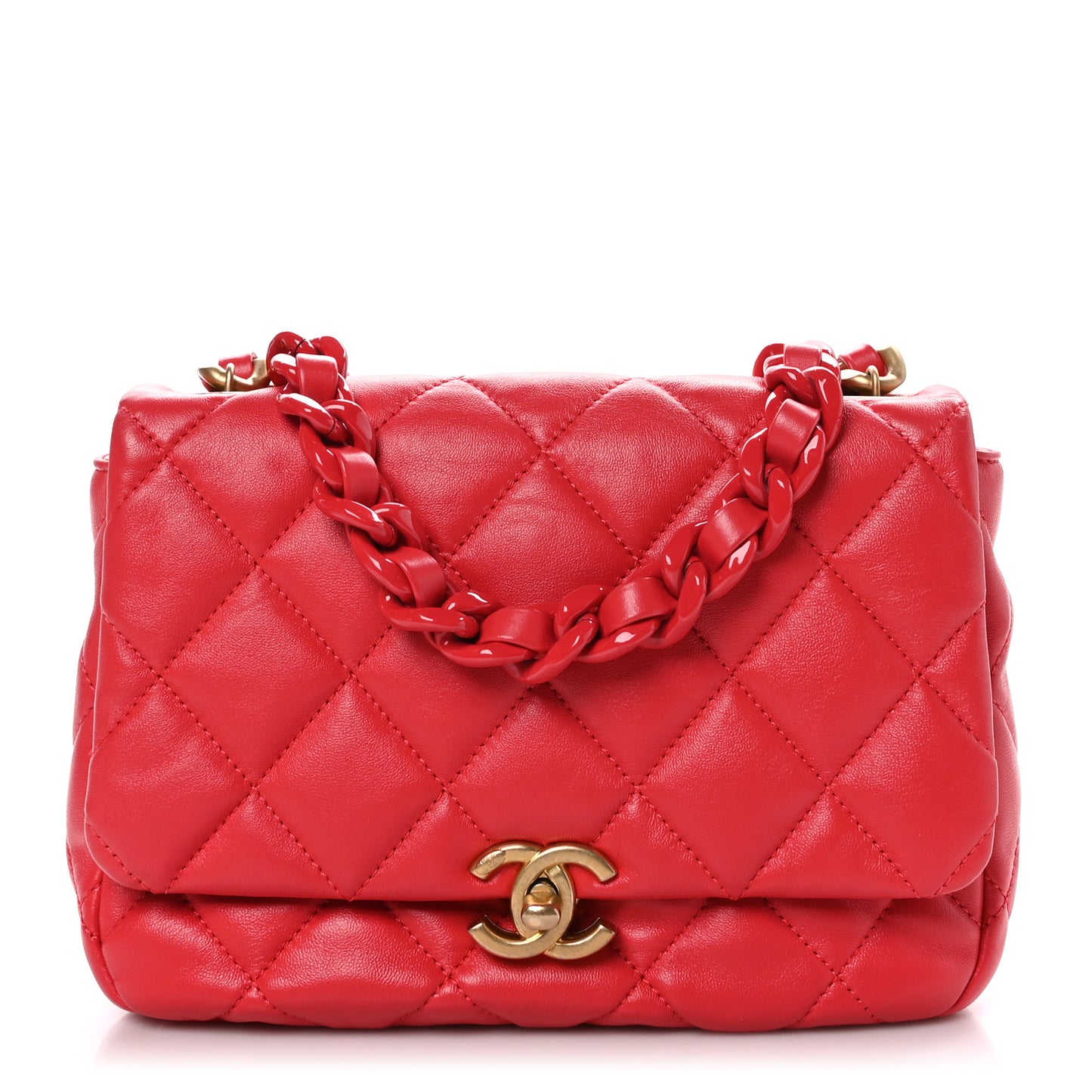 Lambskin Quilted Small Lacquered Chain Flap Red
