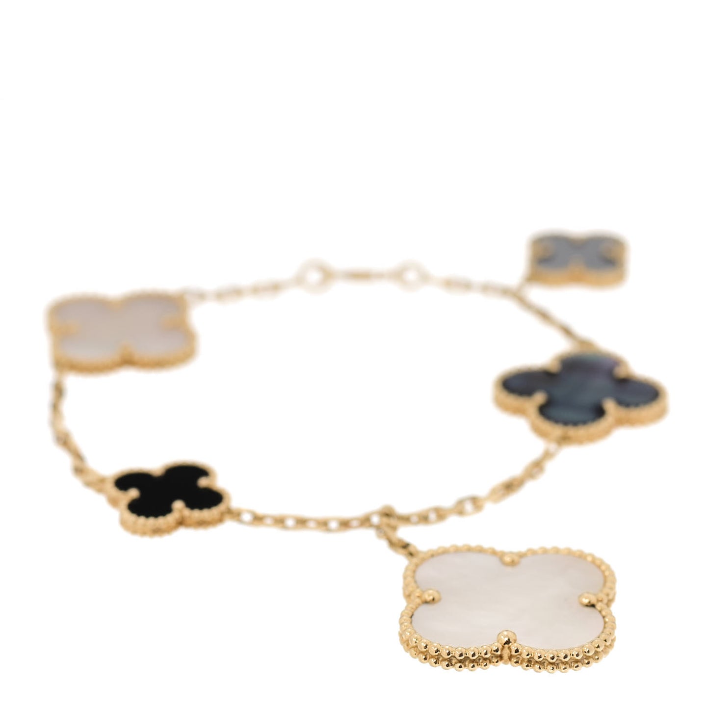 18K Yellow Gold Grey Mother of Pearl Black Onyx 5 Motifs Magic Alhambra Bracelet
