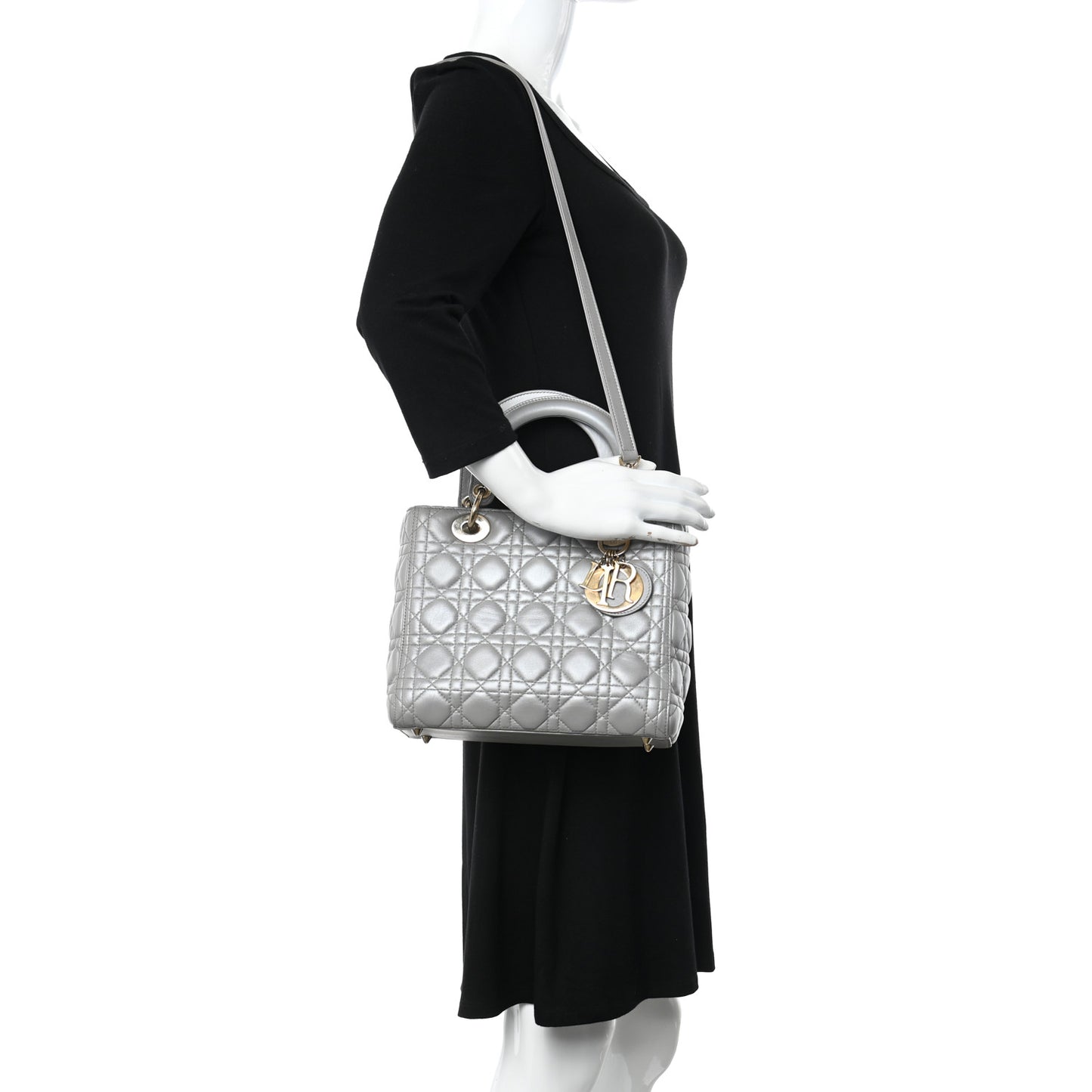 Metallic Lambskin Cannage Medium Lady Dior Silver