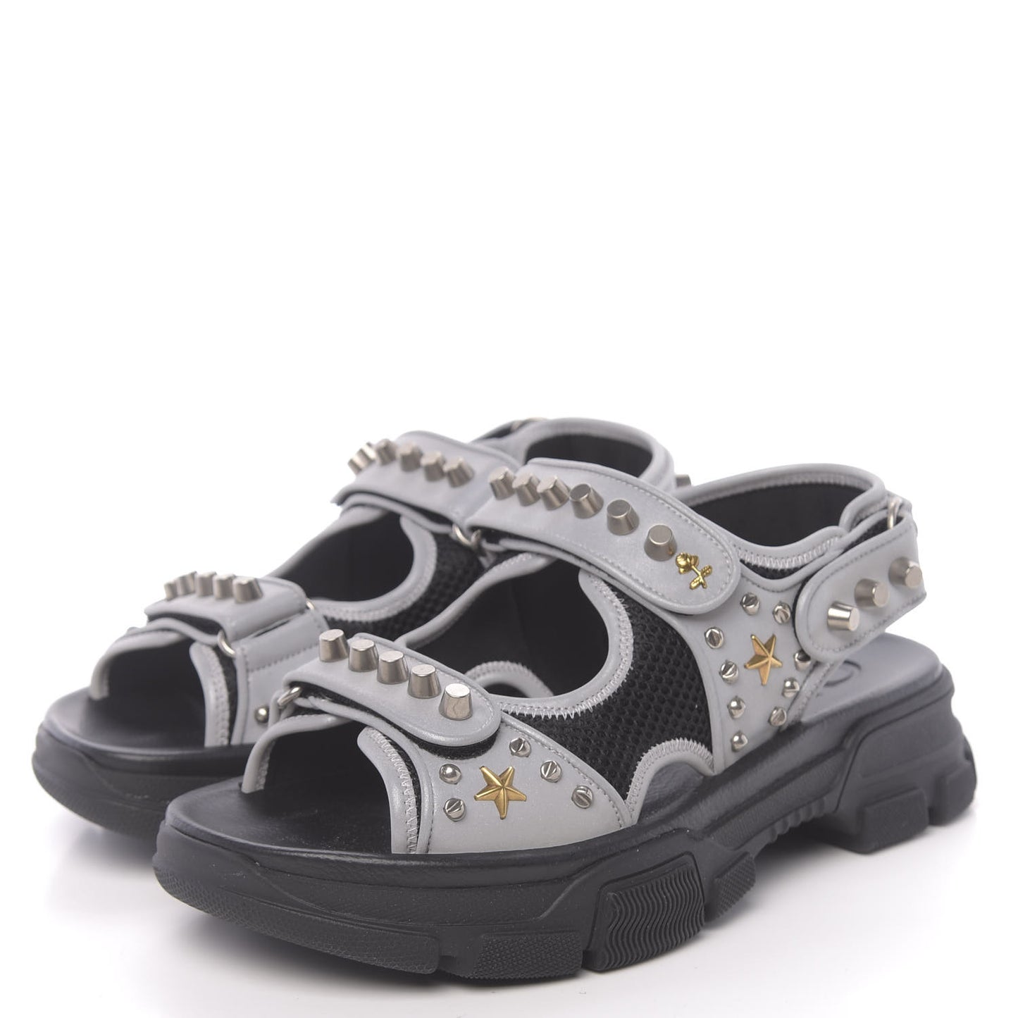Technical Canvas Calfskin Reflective Studded Mens Aguru Sandals 6.5 Silver Black