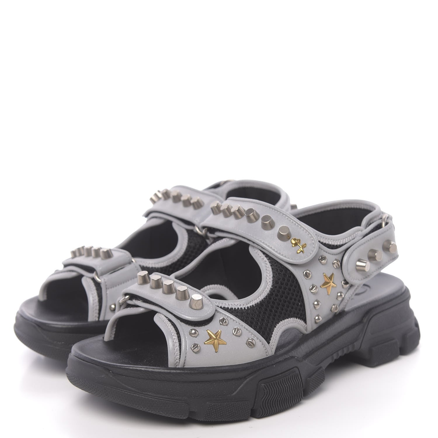 Gucci Technical Canvas Calfskin Reflective Studded Mens Aguru Sandals 6.5 Silver Black 3 of 7