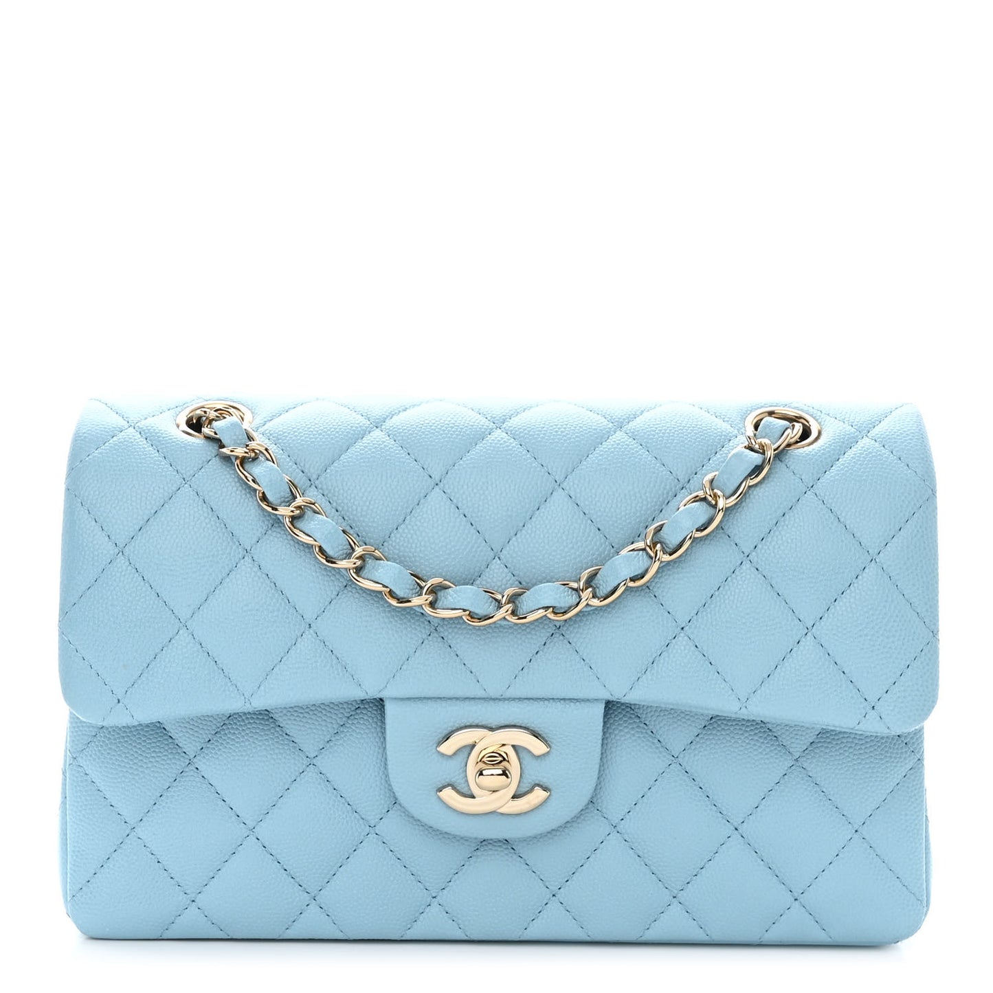 Caviar Quilted Small Double Flap Light Blue