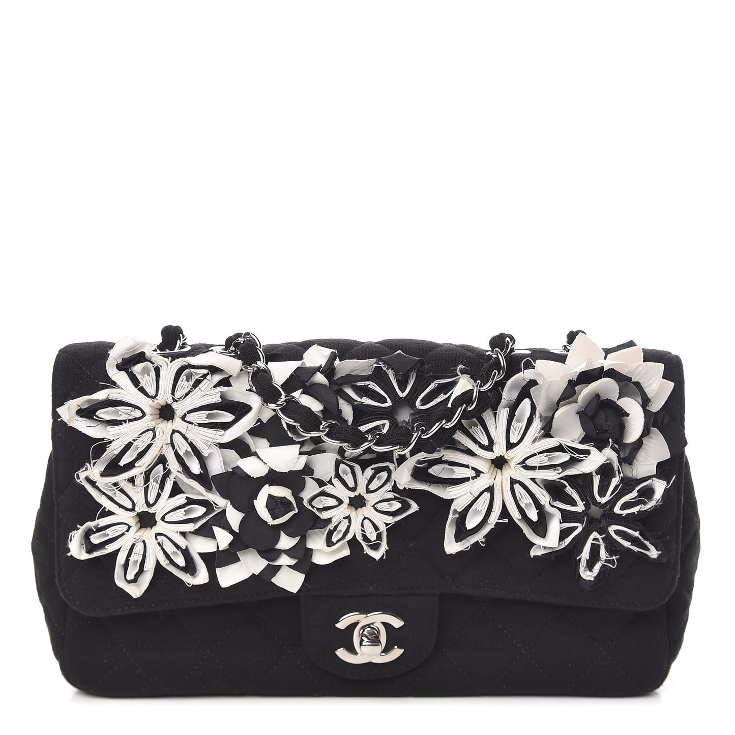 Jersey Quilted Embroidered Floral Medium Single Flap Black