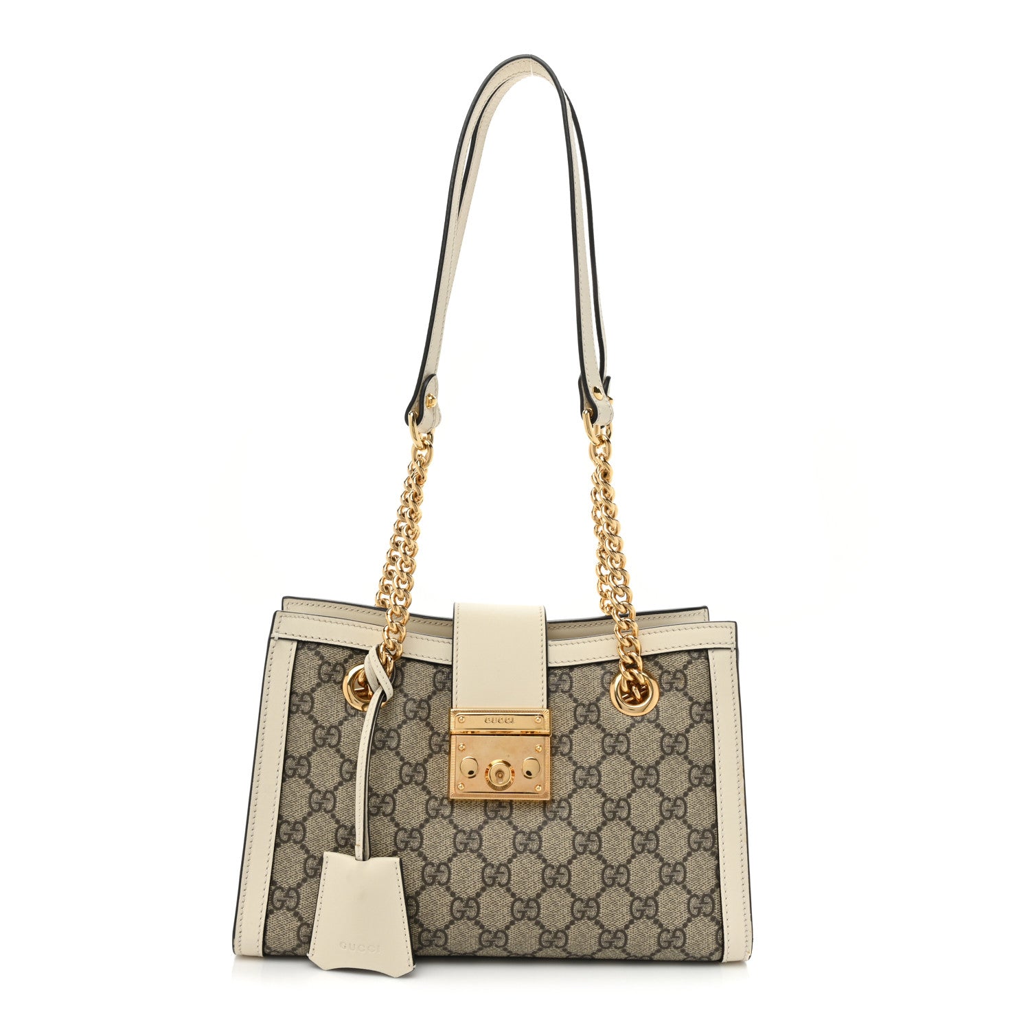 GUCCI GG Supreme Monogram Moon Calfskin Small Padlock Tote in the colors Beige Ebony Mystic White by FASHIONPHILE