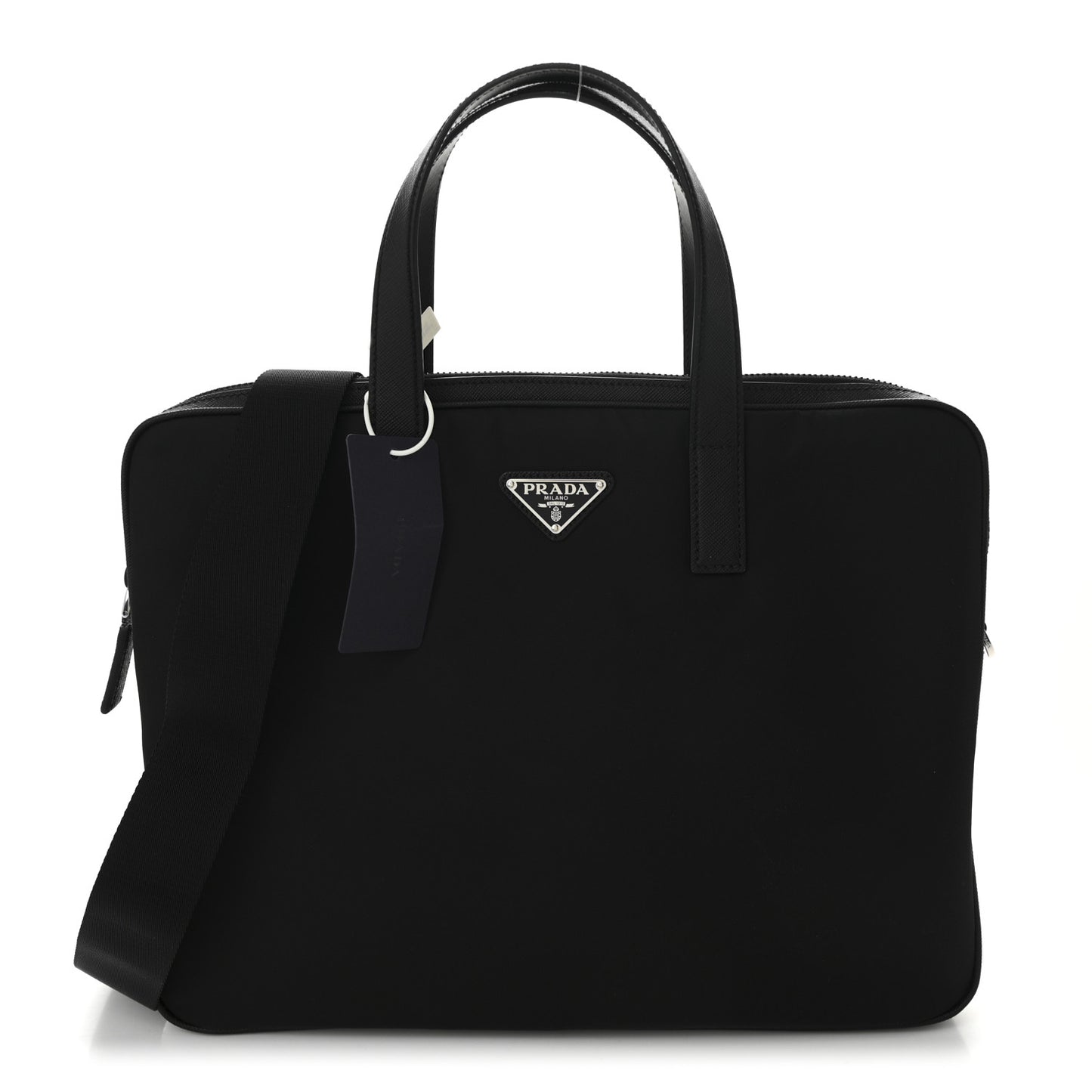 Re-Nylon Saffiano Metal Triangle Logo Briefcase Black