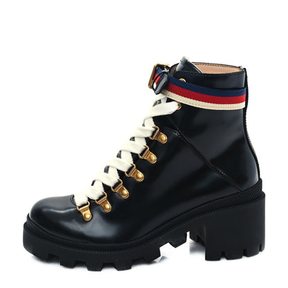 Gucci Calfskin Sylvie Web Lace Up Combat Boots 35 Black 1 of 12