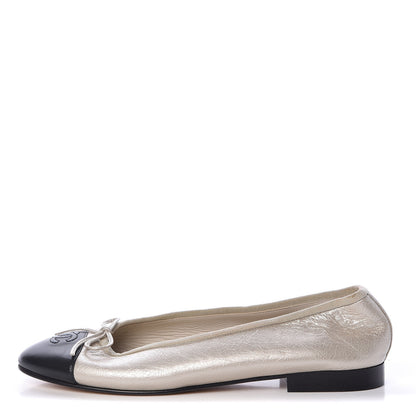 Chanel Metallic Calfskin Cap Toe CC Ballerina Flats 40 Silver Black 1 of 15
