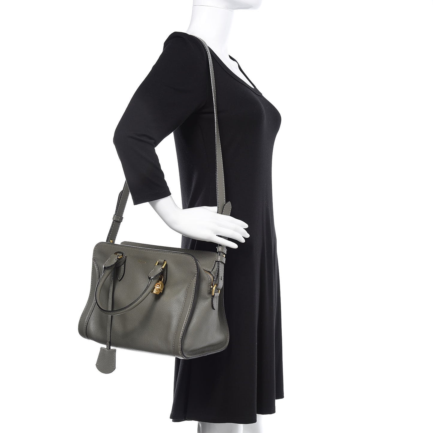 Pebbled Calfskin Small Skull Padlock Zip Around Tote Dark Grey