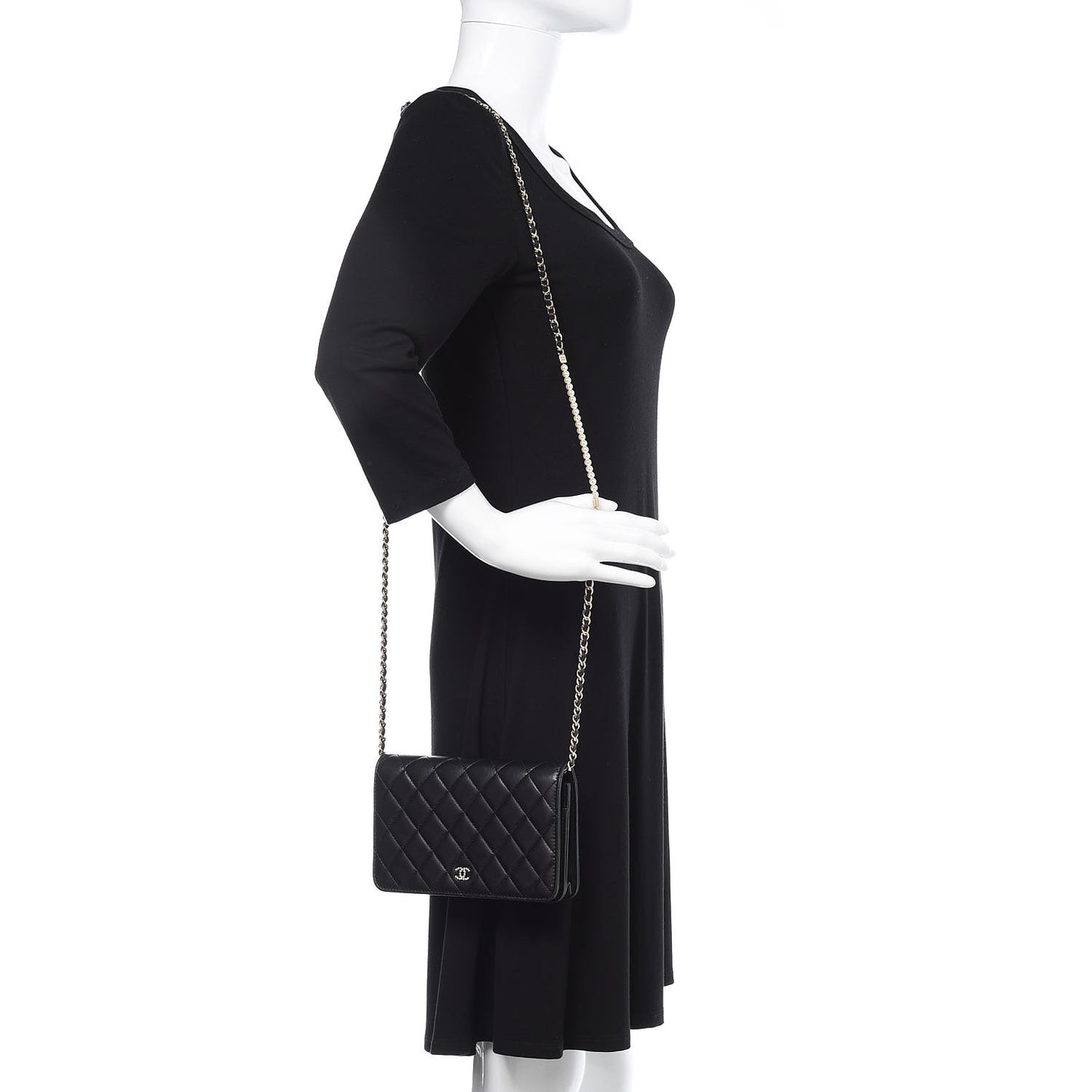 Lambskin Quilted Pearl Wallet On Chain WOC Black