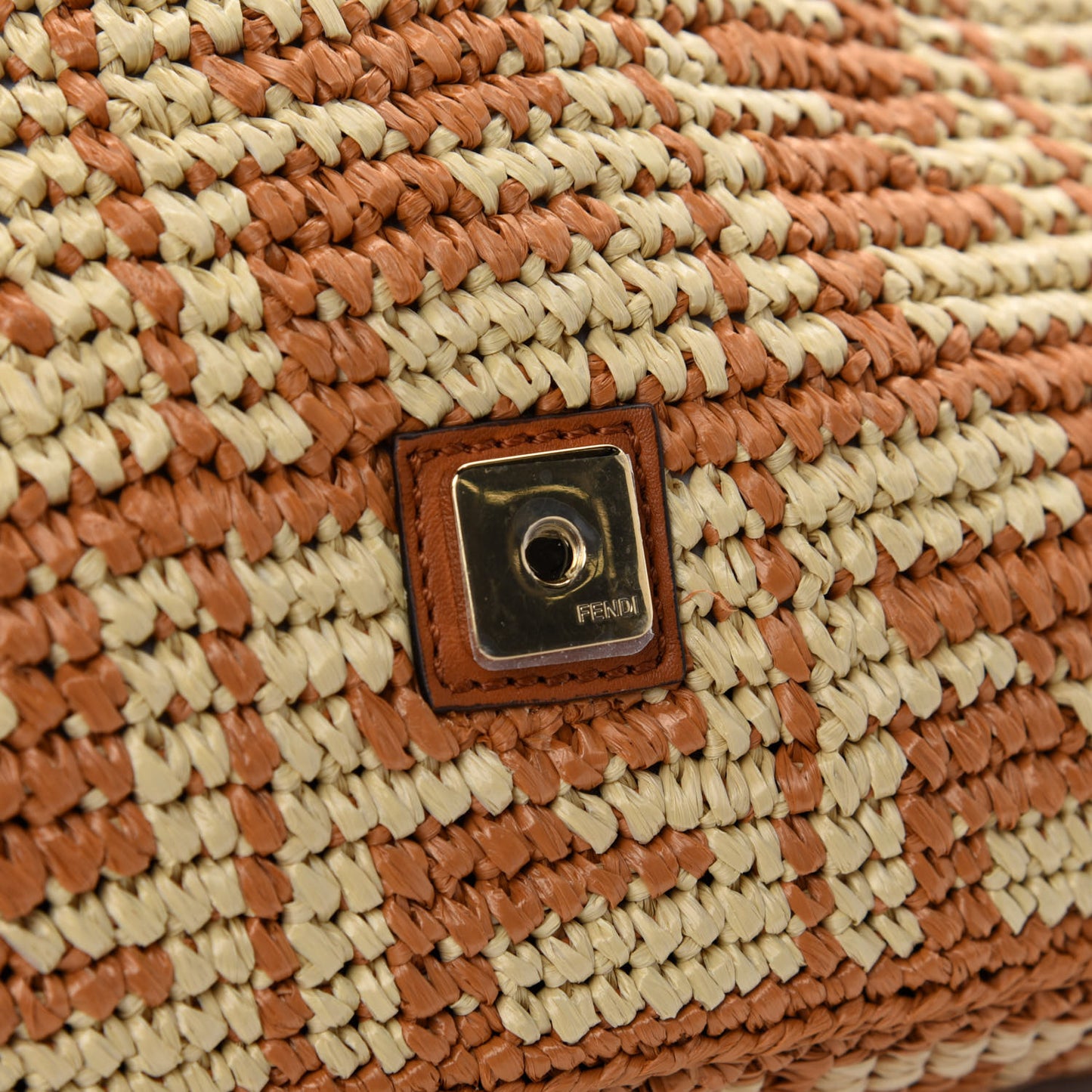 Raffia Vitello Seta FF Woven Large Baguette Brick Natural