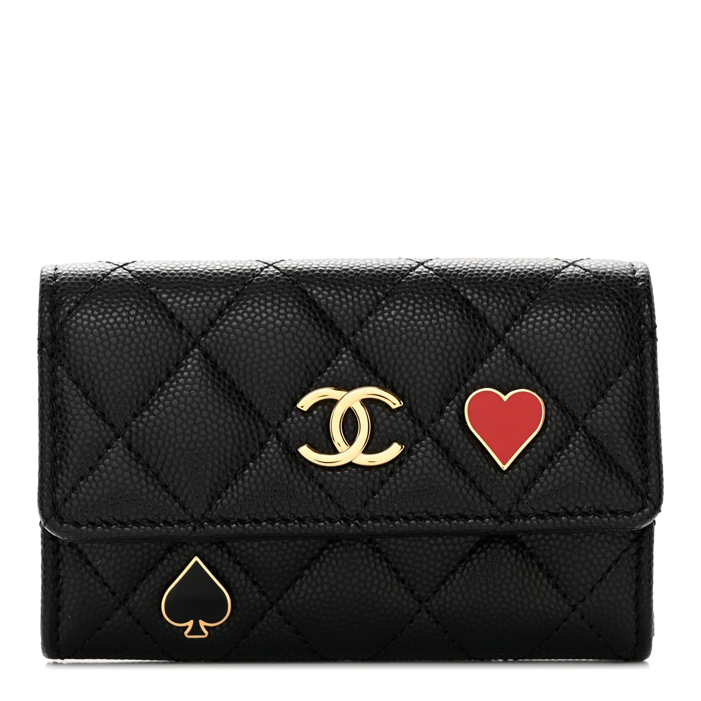 Caviar Quilted Enamel Coco Casino Flap Card Holder Wallet Black