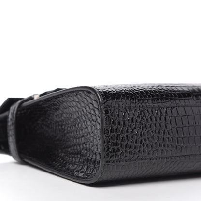 Saint Laurent Shiny Calfskin Crocodile Embossed Manhattan Baguette Black 6 of 9