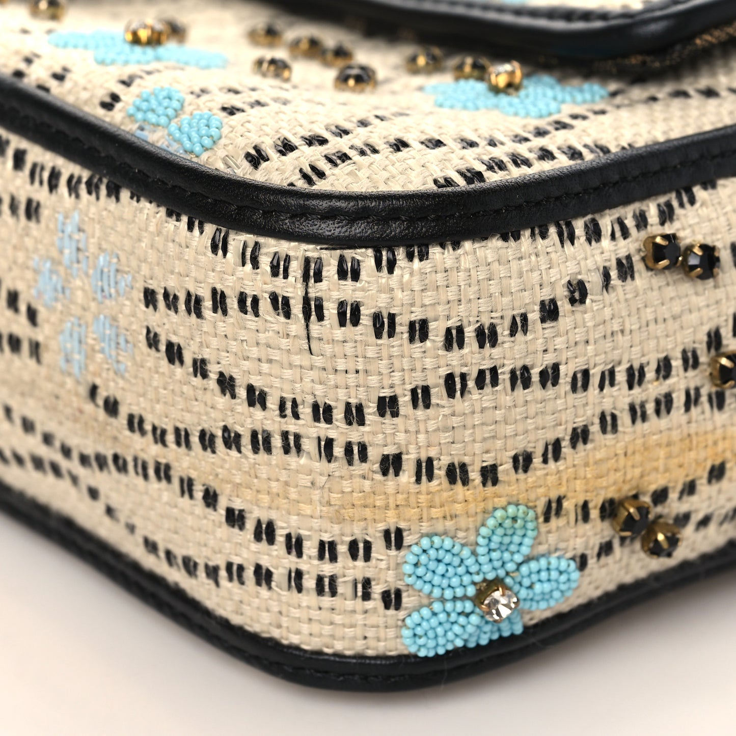 Raffia Vitello Crystal Floral Beaded Medium Baguette Natural Multicolor