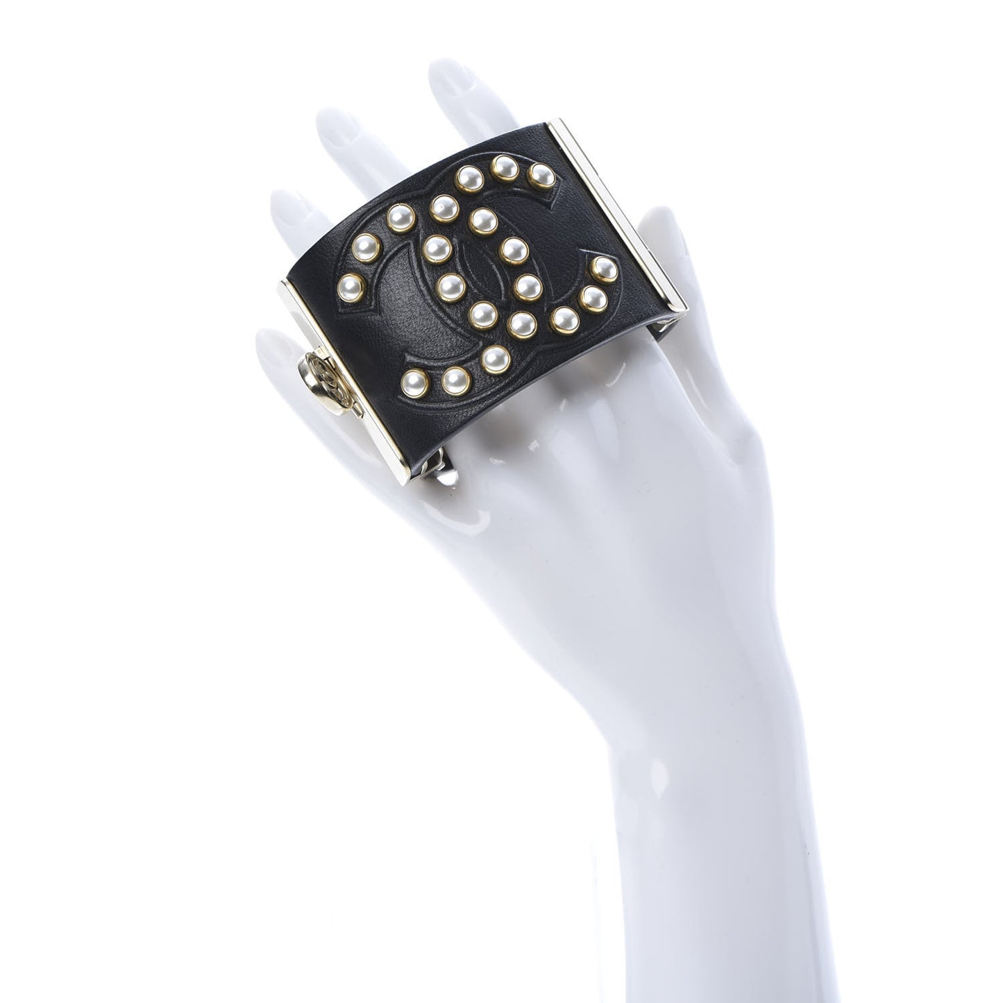 Lambskin Calfskin Pearl CC Cuff Bracelet Black Gold