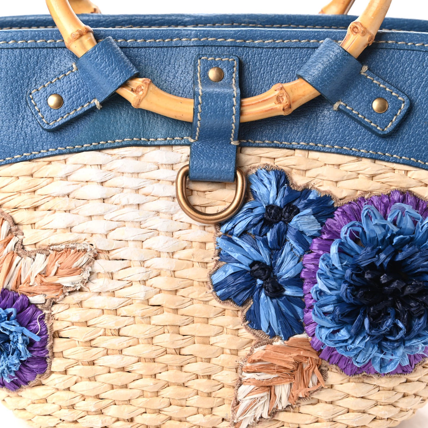 Calfskin Wicker Romantic Basket Bag Naturale Blue