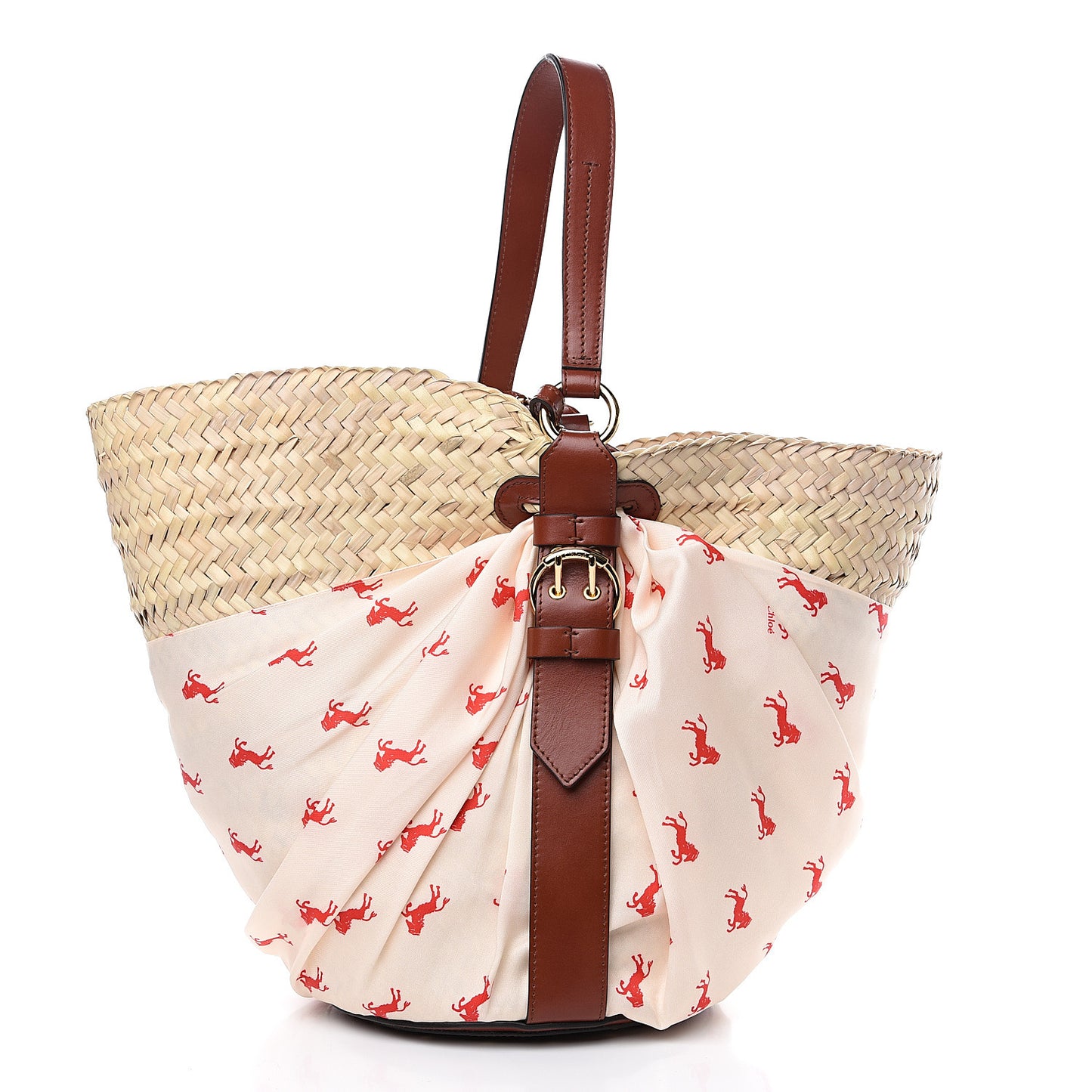 Smooth Calfskin Raffia Little Horses Medium Panier Basket White Red