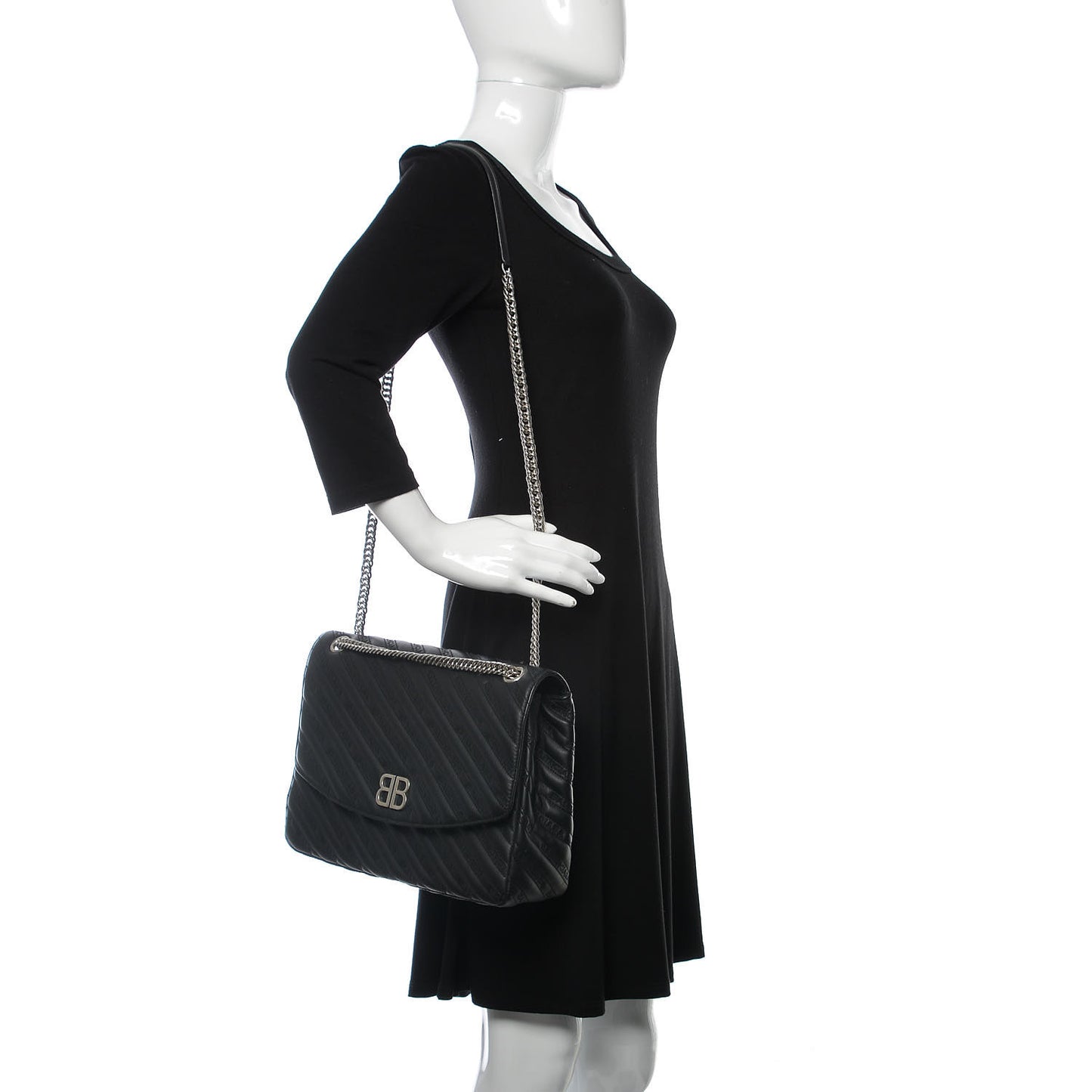 Calfskin Logo Matelasse Large BB Flap Chain Shoulder Bag Black