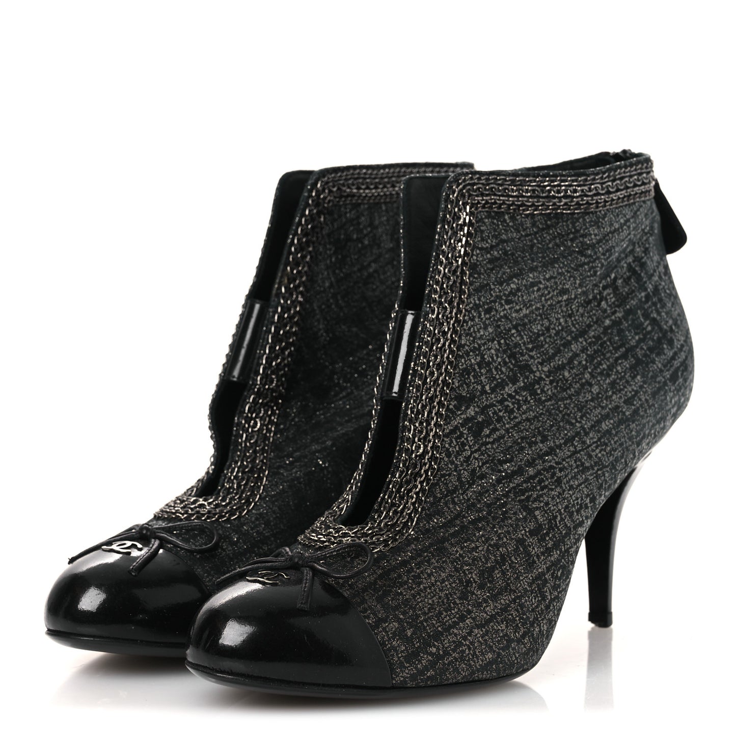 Metallic Tweed Patent Cap Toe CC Chain Ankle Booties 40 Black