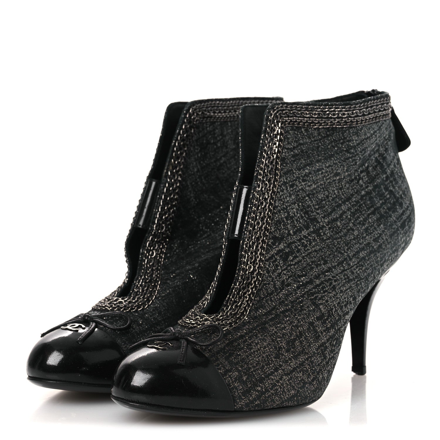 Chanel Metallic Tweed Patent Cap Toe CC Chain Ankle Booties 40 Black 4 of 12