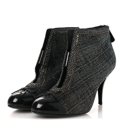 Chanel Metallic Tweed Patent Cap Toe CC Chain Ankle Booties 40 Black 4 of 12
