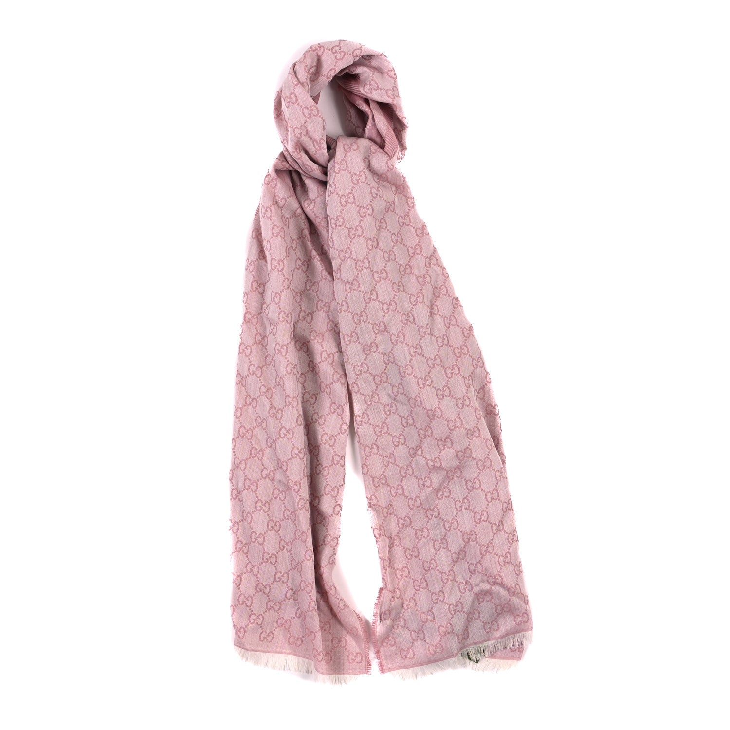 Gucci Wool Silk Monogram GGWeb Fringe Shawl Rose Ivory 1 of 3