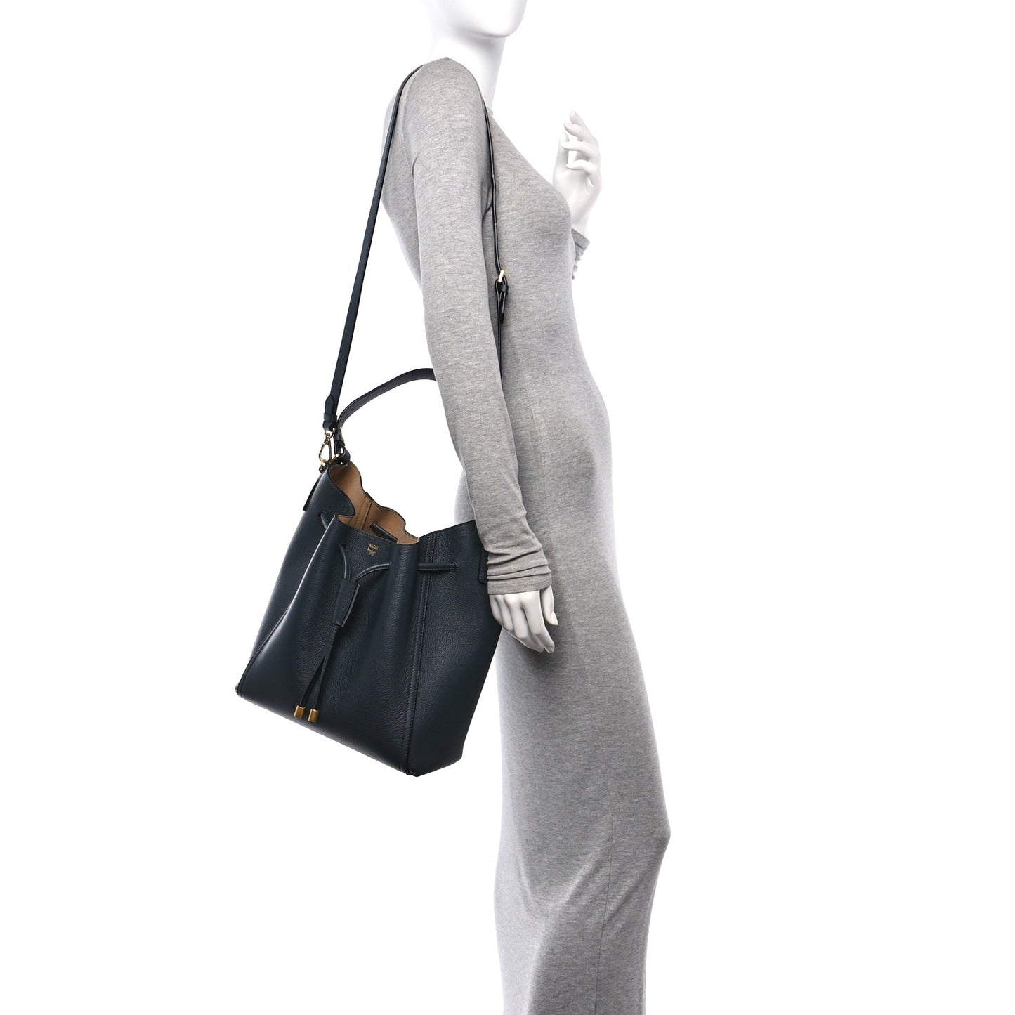 Grained Calfskin Milla Drawstring Bucket Bag Phantom Gray