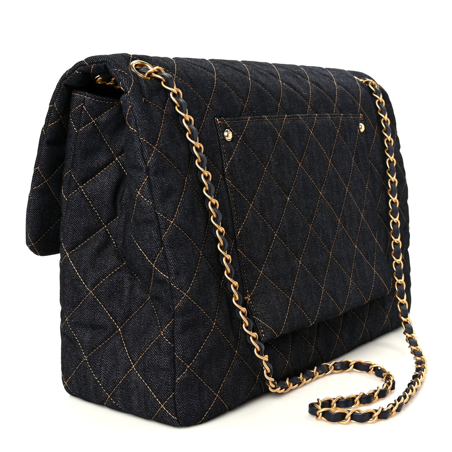 Denim Quilted XXL Travel Flap Bag Dark Blue Orange