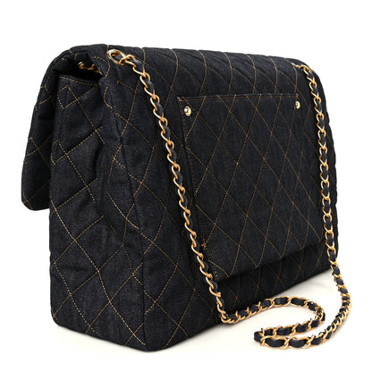 Chanel Denim Quilted XXL Travel Flap Bag Dark Blue Orange 3 of 12