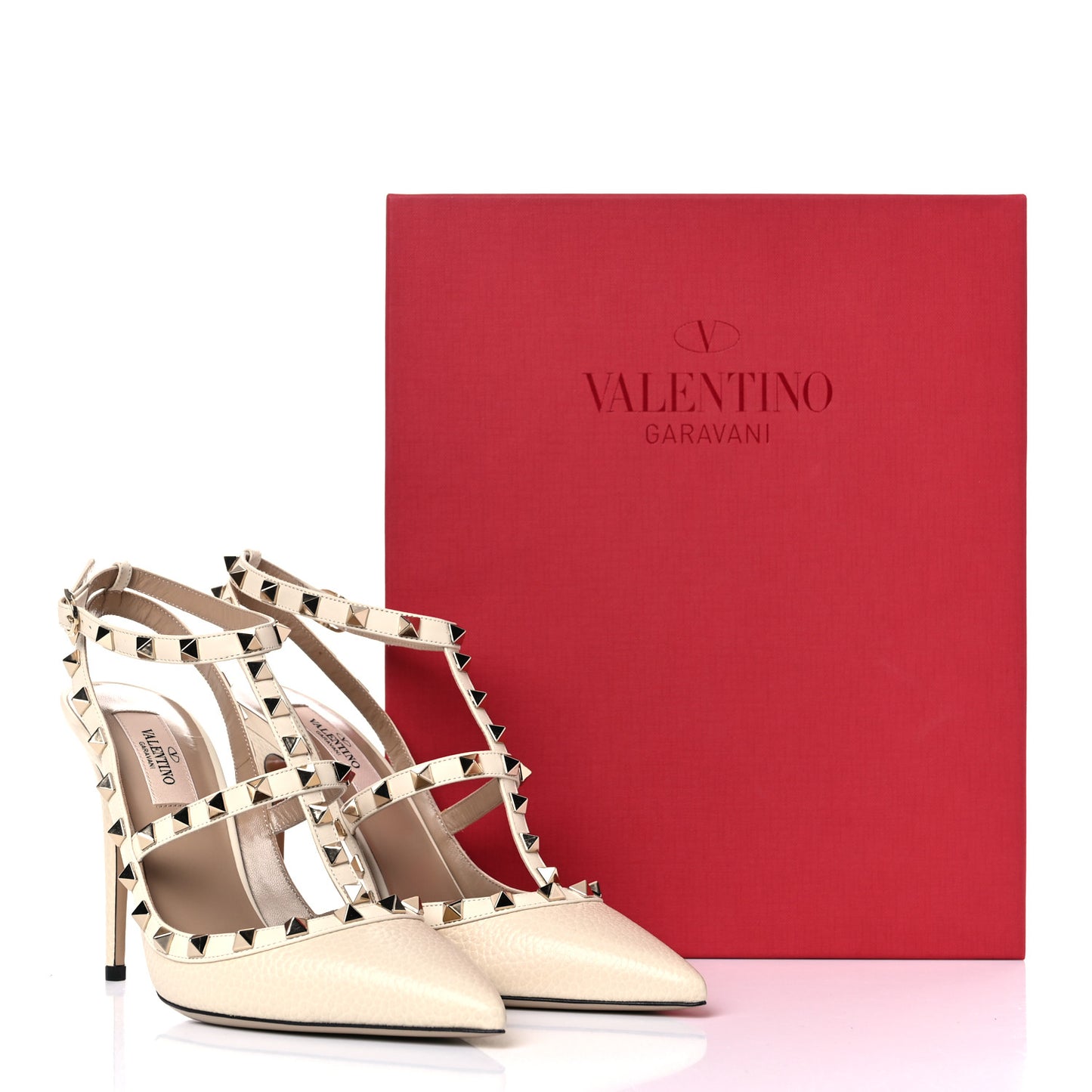 Pebbled Calfskin Rockstud Ankle Strap Pumps 39 Ivory