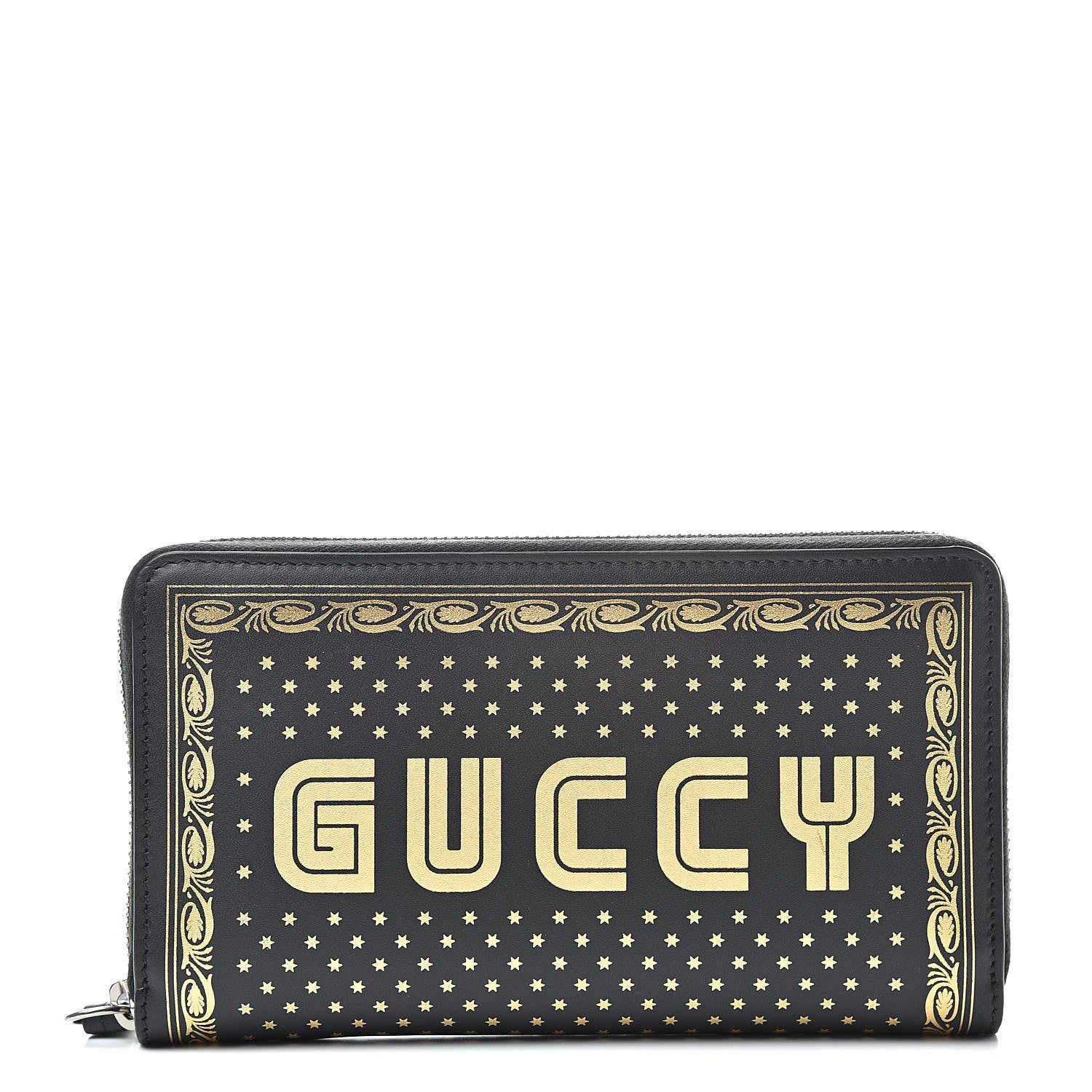 Gucci X SEGA Calfskin GUCCY Stars Zip Around Wallet Black Gold 1 of 8