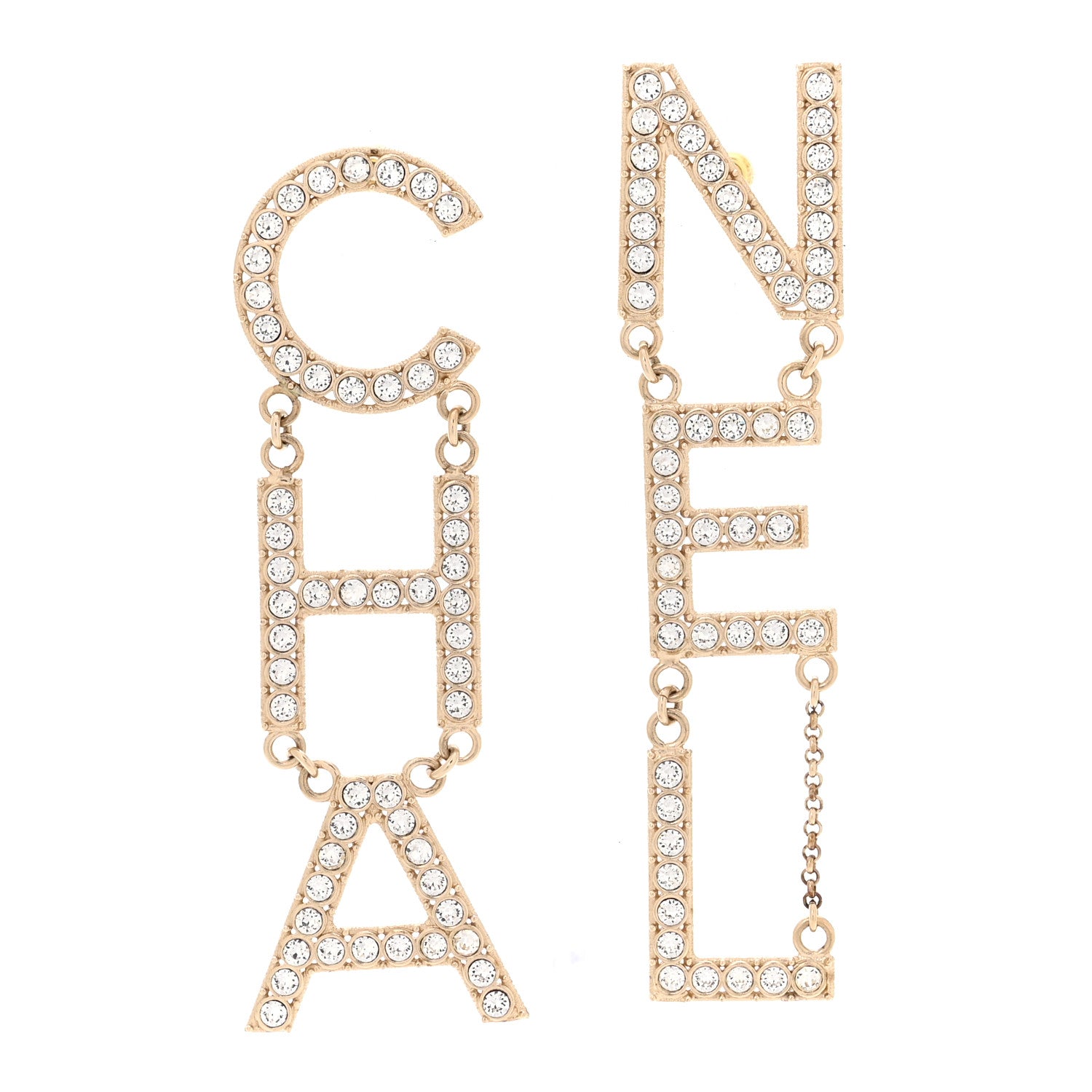 Chanel Crystal Cha-Nel Logo Drop Earrings Gold 1 of 5