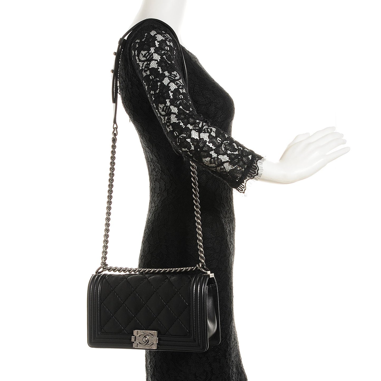 Calfskin Quilted Medium Double Stitch Boy Flap Black