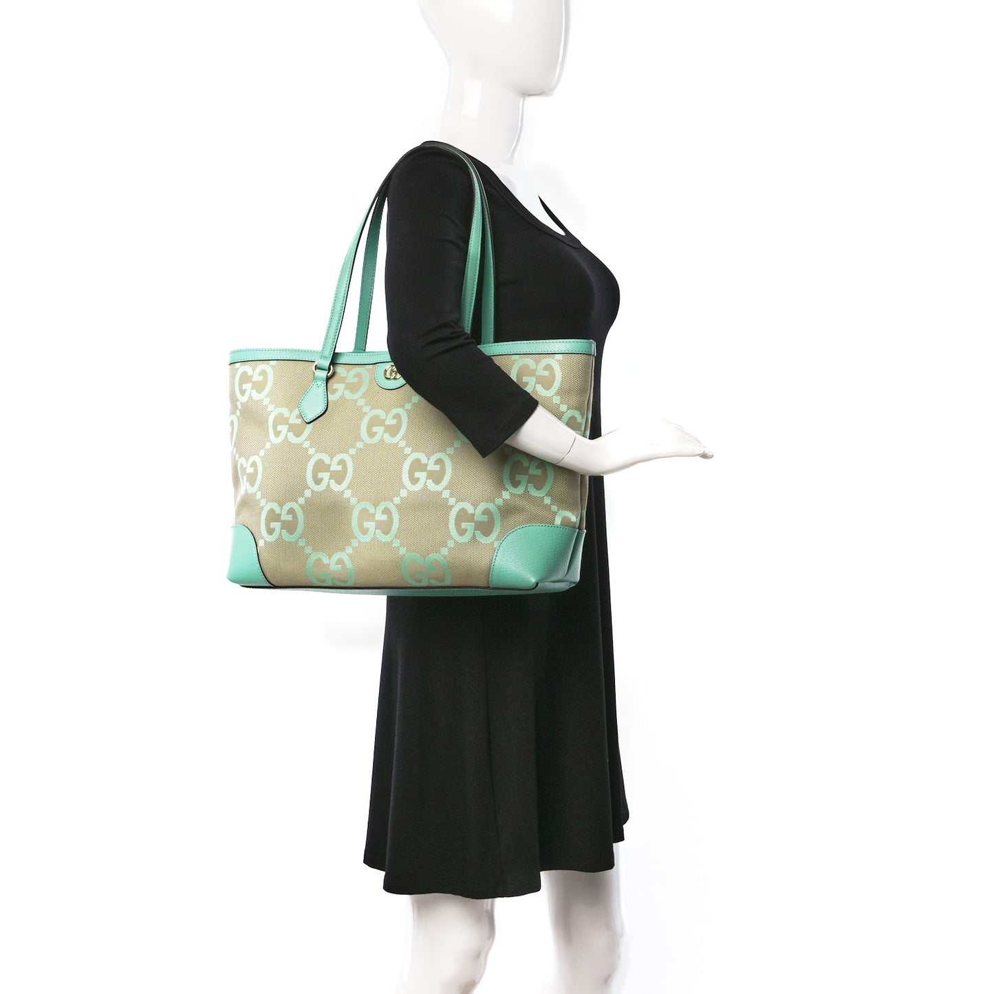 Monogram Jumbo GG Textured Dollar Calfskin Medium Ophidia Shopping Tote Beige Pepperlight Mint