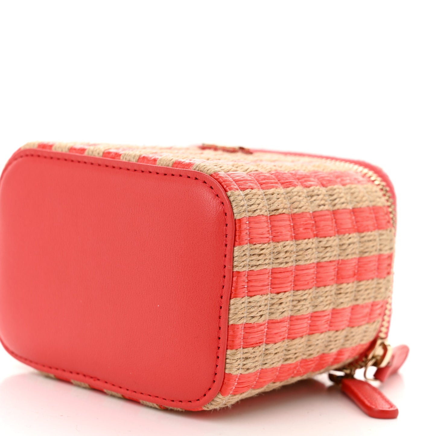 Raffia Jute Striped Mini Vanity Case With Chain Red Beige